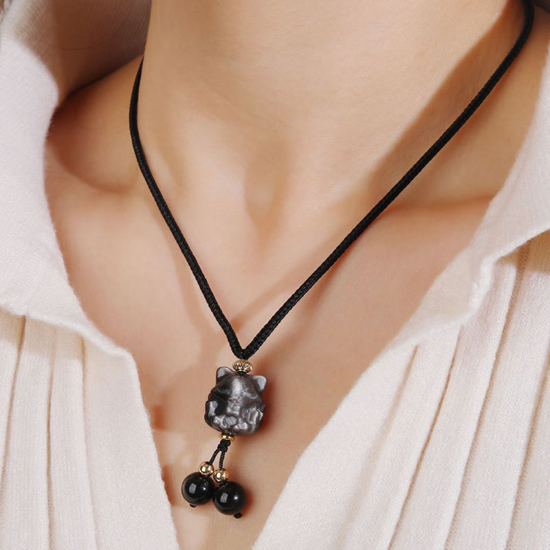 KarmaRipple's Authentic Silver Sheen Obsidian Nine Tailed Fox Protection Pendant Necklace p4