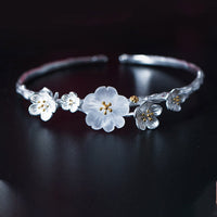 KarmaRipple's 925 Sterling Silver Plum Flower Blessing Bracelet Adjustable Bangle