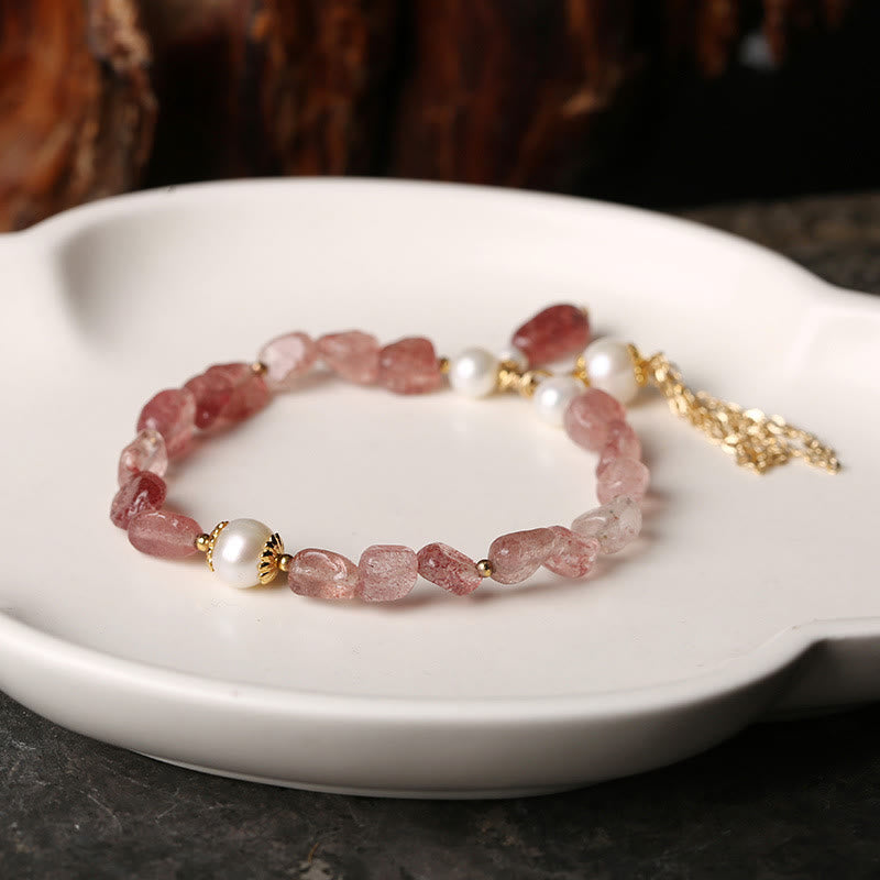 KarmaRipple's Authentic Strawberry Quartz Pearl 14k Gold Plated Love Balancing Bracelet p4