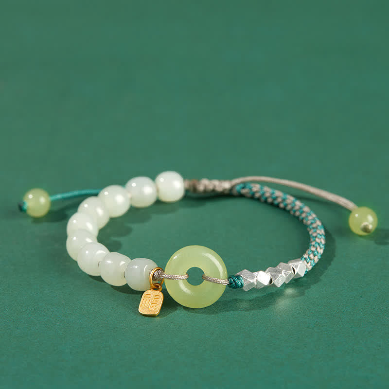 KarmaRipple's 925 Sterling Silver Hetian Jade Peace Buckle Beaded Fortune Happiness Talisman Bracelet p28