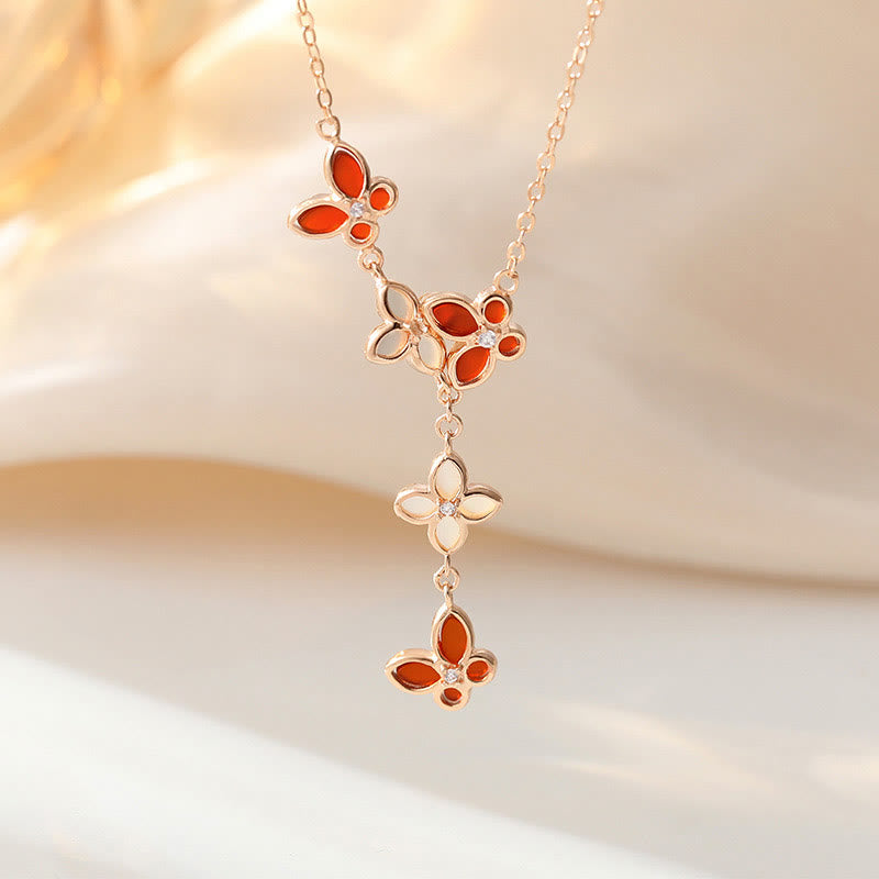 KarmaRipple's 925 Sterling Silver Red Agate Tridacna Stone Butterfly Four Leaf Clover Calm Bracelet Pendant Necklace Set p14