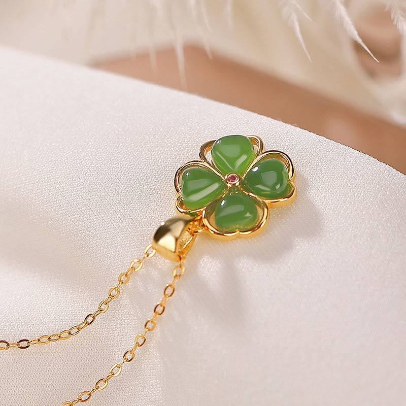 KarmaRipple's 925 Sterling Silver Hetian Cyan Jade Fortunate Four Leaf Clover Balancing Pendant Necklace p3