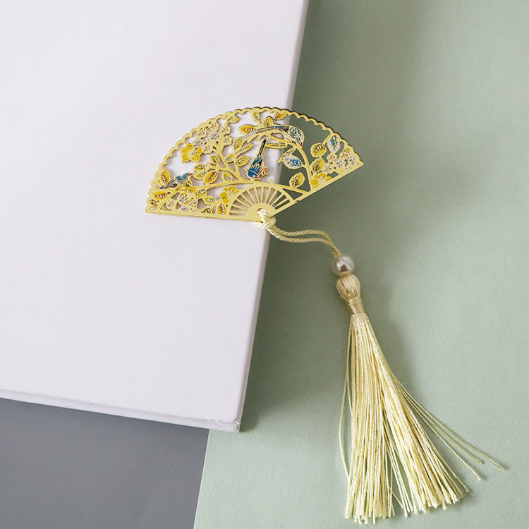 KarmaRipple's Traditional Butterfly Lotus Flower Crane Dragon Phoenix Fox Koi Fish New Beginning Metal Brass Hollow Fan Bookmarks p9
