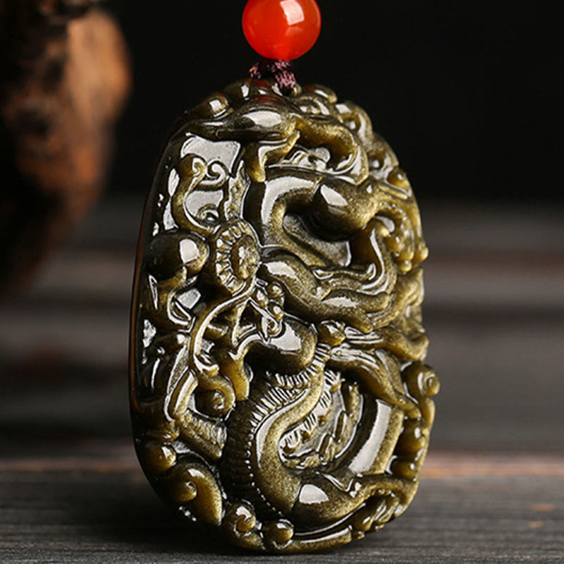 KarmaRipple's Gold Sheen Obsidian Dragon Pattern Success Pendant Necklace p4
