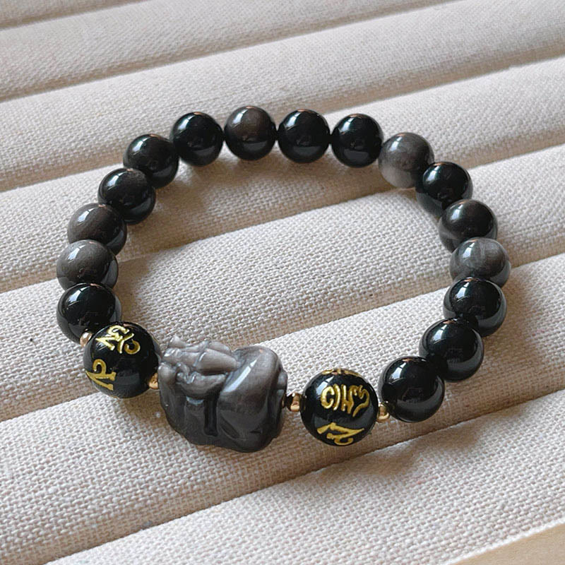 KarmaRipple's Authentic Silver Sheen Obsidian Black Obsidian Om Mani Padme Hum Pixiu Protection Bracelet p6
