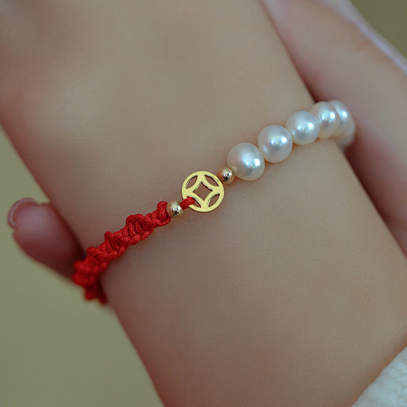 KarmaRipple's 14K Gold Plated Pearl Bead Fortune Protection Braid Red String Bracelet p8