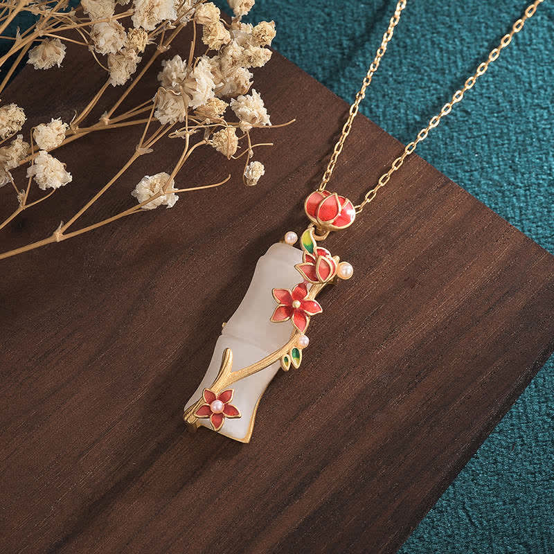 KarmaRipple's Ivory Jade Bamboo Lotus Flowers Fortune Protection Pendant Necklace p3
