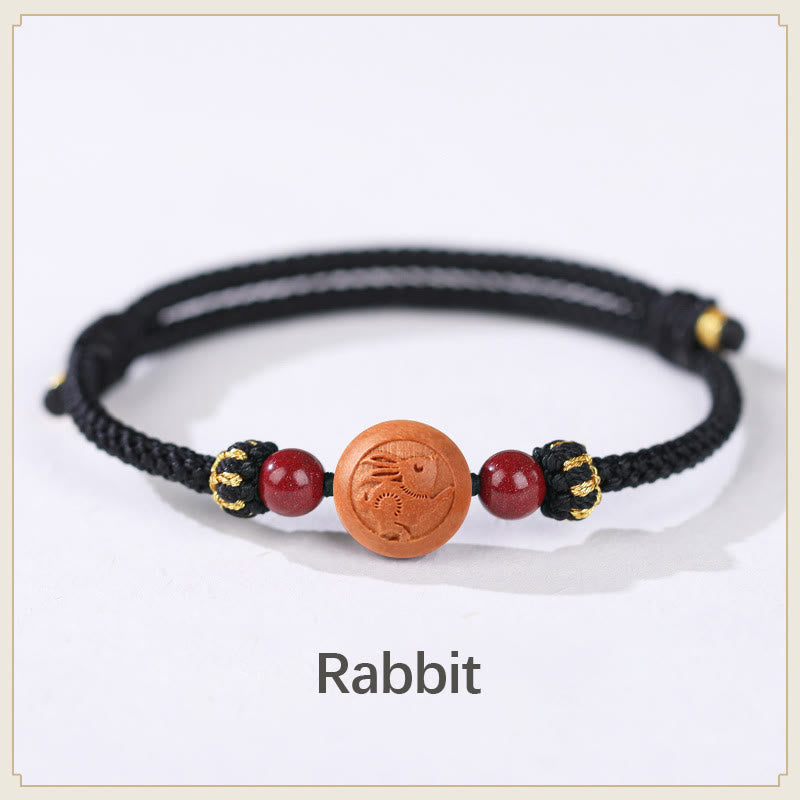 KarmaRipple's Authentic Peach Wood Chinese Zodiac Fu Character Carved Cinnabar Wealth Bracelet p44