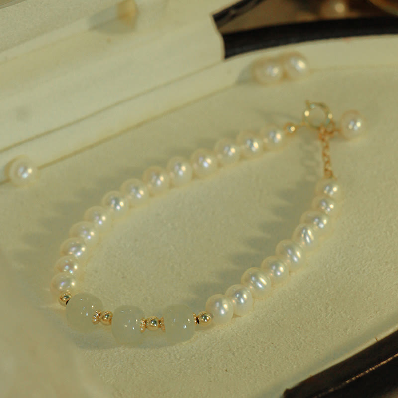KarmaRipple's 14K Gold Plated Authentic Pearl Hetian Cyan Jade Ivory Jade Sincerity Bead Chain Bracelet p28