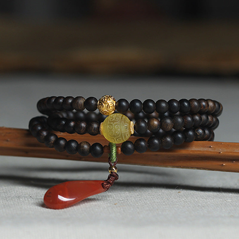 KarmaRipple's 999 Gold Nha Trang Heiqinan Agarwood Amber Red Agate Strength Meditation Bracelet p2