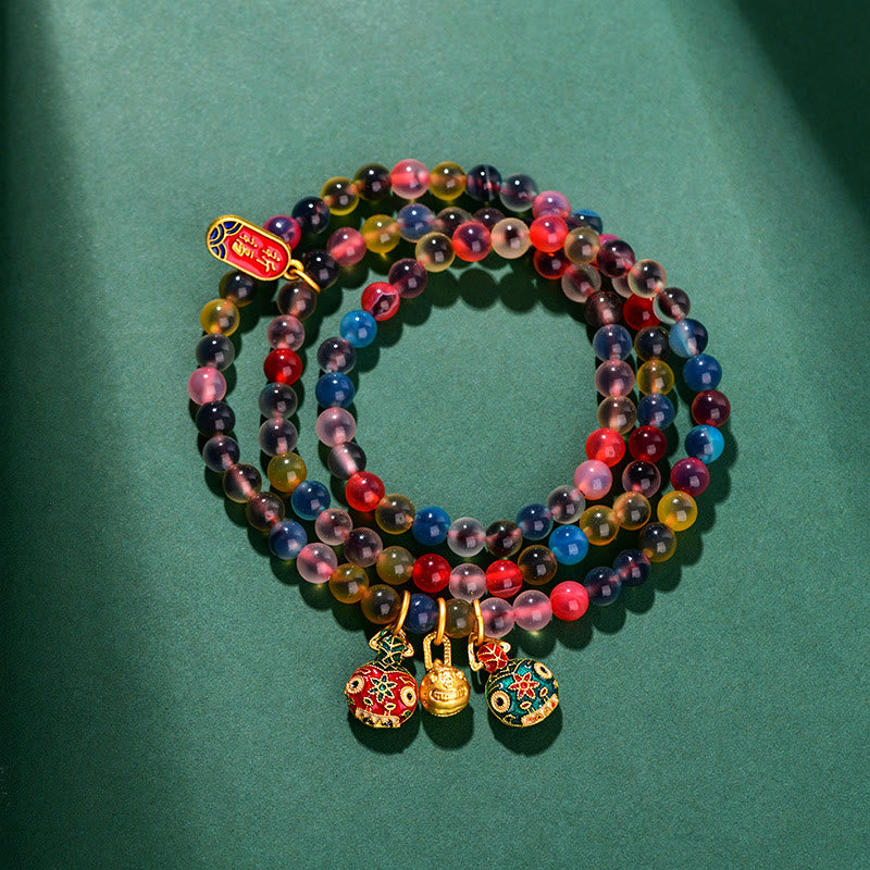 KarmaRipple's Colorful Candy Agate Gold Swallowing Beast Family Strength Talisman Triple Wrap Bracelet p2