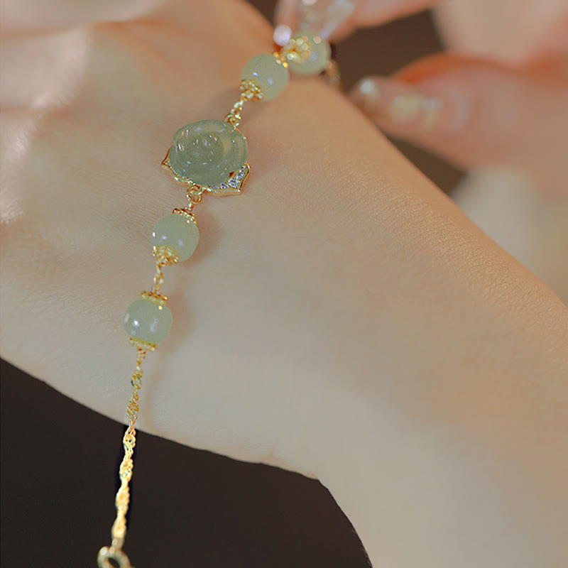KarmaRipple's 14K Gold Plated Hetian Jade Rose Flower Fortune Chain Bracelet p3