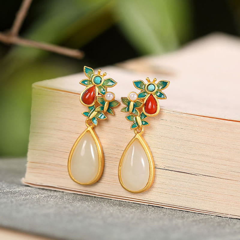 KarmaRipple's Water Drop Ivory Jade Red Agate Butterfly Protection Drop Dangle Earrings p17