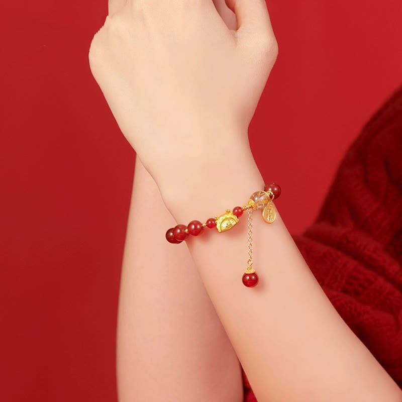 KarmaRipple's Year of the Dragon Dumpling Authentic Red Agate Garnet Hetian Jade Fu Character Fortune Success Bracelet p12