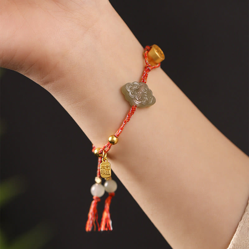 KarmaRipple's Handmade Auspicious Clouds Hetian Jade Fu Character Fortune Fortune Rope Bracelet p10