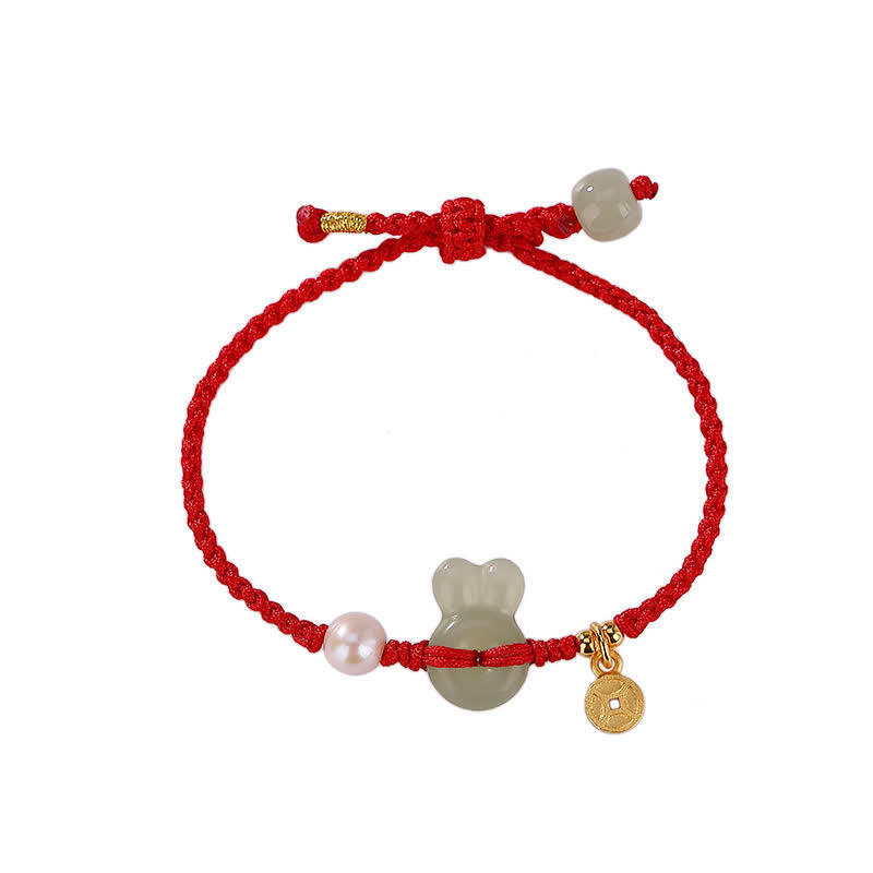 KarmaRipple's 925 Sterling Silver Year of the Rabbit Hetian Jade Bronze Coin Wealth Red String Bracelet p8