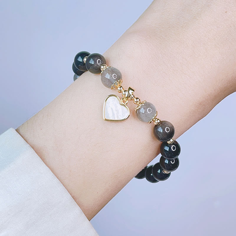 KarmaRipple's Authentic Silver Sheen Obsidian Love Heart Star Flower Protection Bracelet ( p6