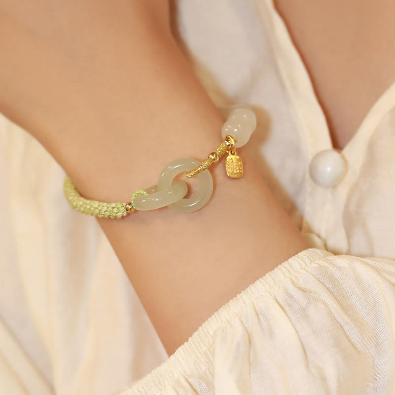 KarmaRipple's Authentic Hetian Jade Bead Double Peace Buckle Fu Character Abundance Woven Bracelet p9