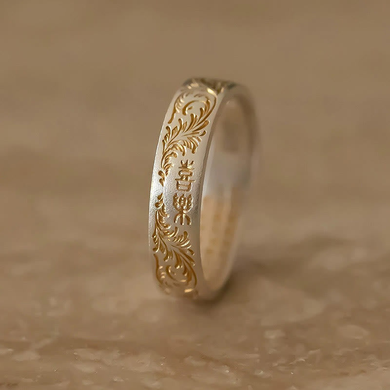 KarmaRipple's KarmaRipple 999 Sterling Silver Gold-Painted Joyful Flower Pattern Peaceful Heart Sutra Ring p9