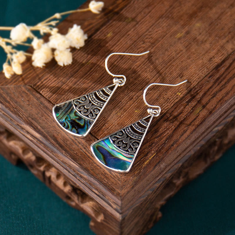 KarmaRipple's Bronze Tridacna Stone Hollow Pattern Blessing Drop Earrings p3