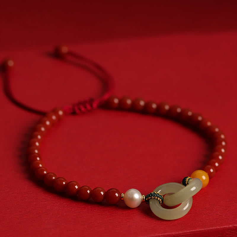 KarmaRipple's Authentic Red Agate Hetian Jade Double Peace Buckle Confidence Bracelet p4
