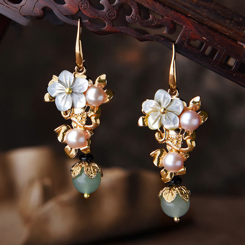 KarmaRipple's 14K Gold Plated Tridacna Stone Flower Pearl Green Aventurine Bead Drop Earrings p1