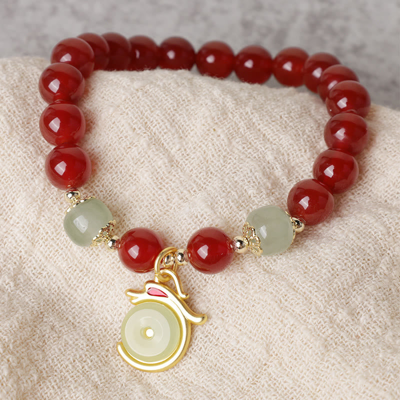 KarmaRipple's Year of the Dragon Red Agate Jade Peace Buckle Fu Character Success Bracelet ( p5