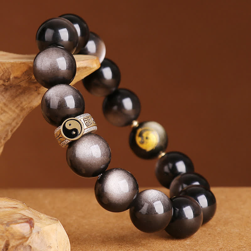 KarmaRipple's 925 Sterling Silver Black Obsidian Gold Sheen Obsidian Silver Sheen Obsidian Yin Yang Protection Bracelet p19