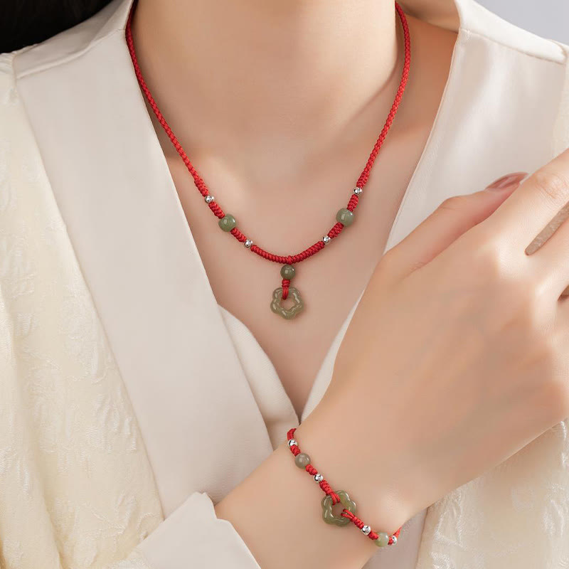 KarmaRipple's 925 Sterling Silver Authentic Hetian Cyan Jade Flower Pentagram Fortune Red Rope Pendant Necklace Bracelet Set p4