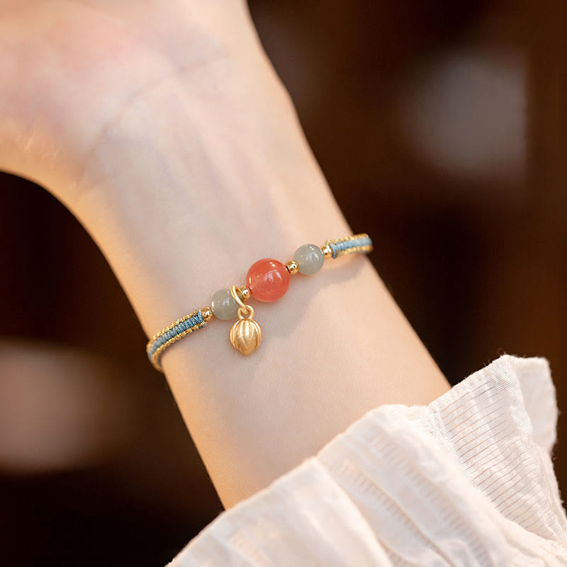 KarmaRipple's Red Agate Jade Lotus Confidence Calm String Bracelet p1