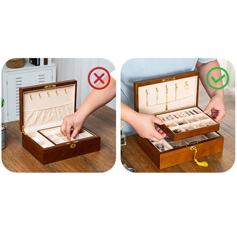 KarmaRipple's Vintage Wooden Jewelry Box Two-Layer Solid Wood Jewelry Storage Box p23