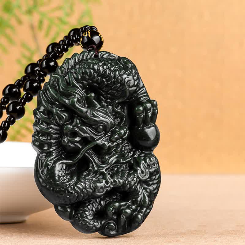 KarmaRipple's Hetian Cyan Jade Dragon Success Balance Pendant Beaded String Necklace p6