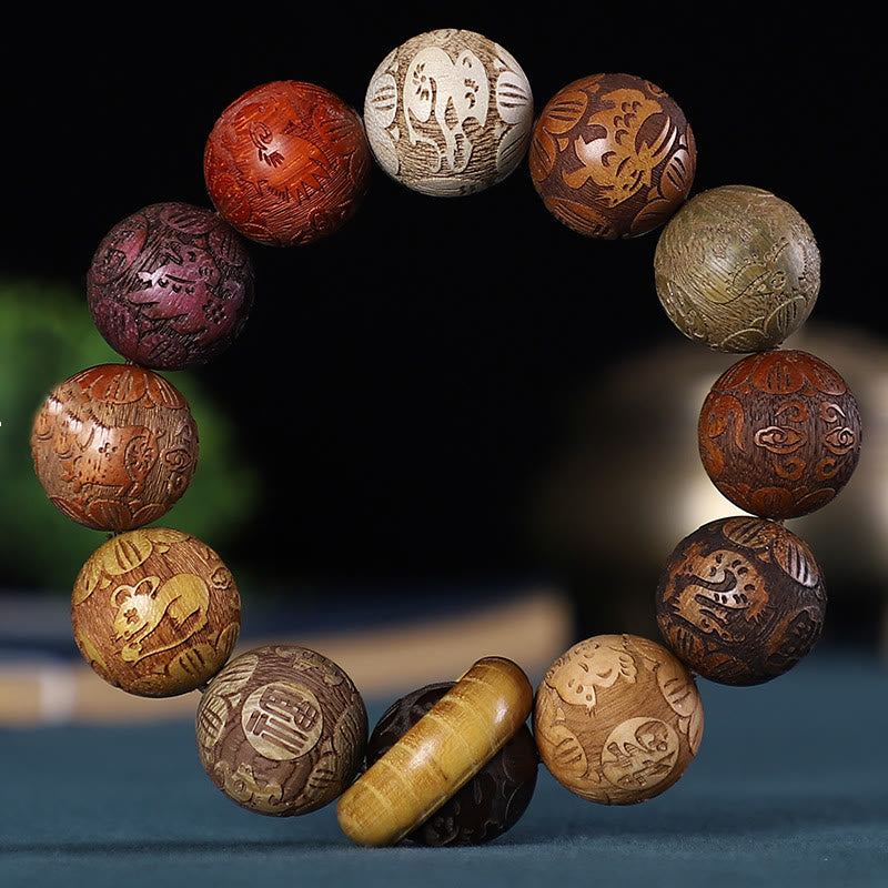 KarmaRipple's Chinese Zodiac Rosewood Green Sandalwood Ebony Wood Bronze Coin Carved Calm Bracelet p1