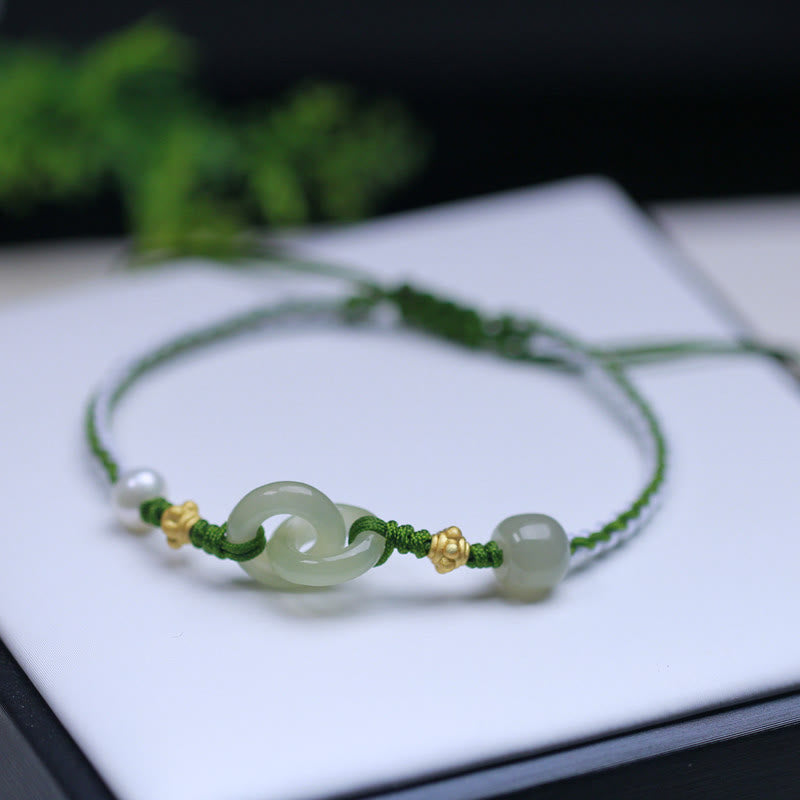 KarmaRipple's 925 Sterling Silver Hetian Jade Double Peace Buckle Fortune Woven Bracelet p2