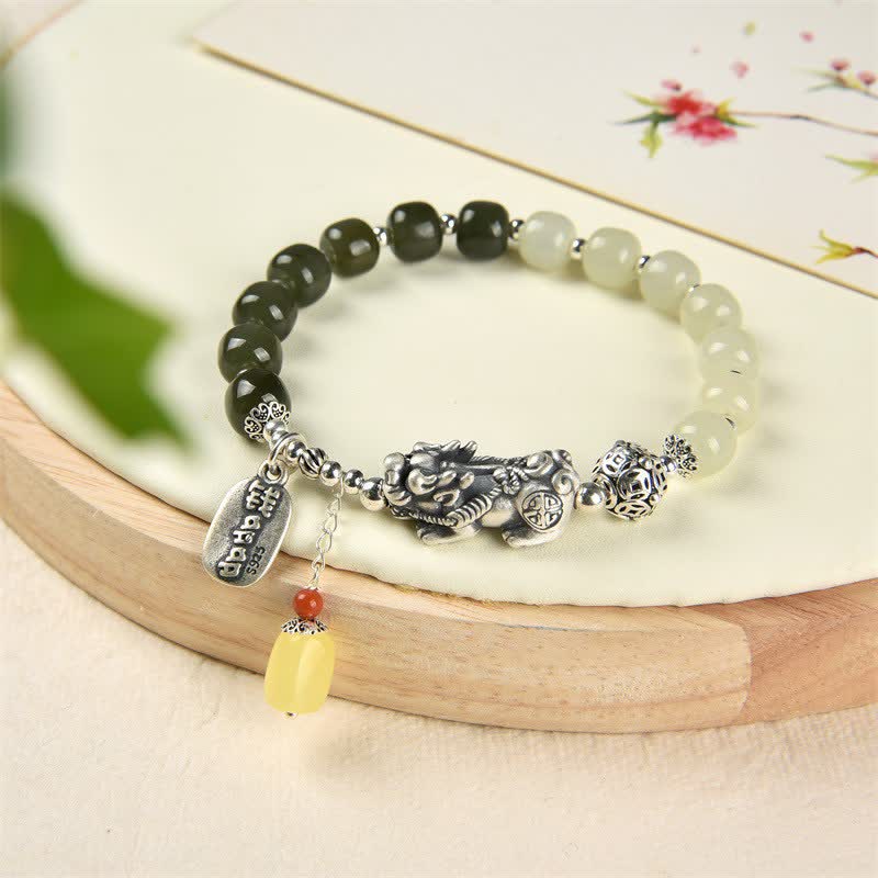 KarmaRipple's 925 Sterling Silver Authentic Hetian Jade Amber PiXiu Fortune Bracelet p2