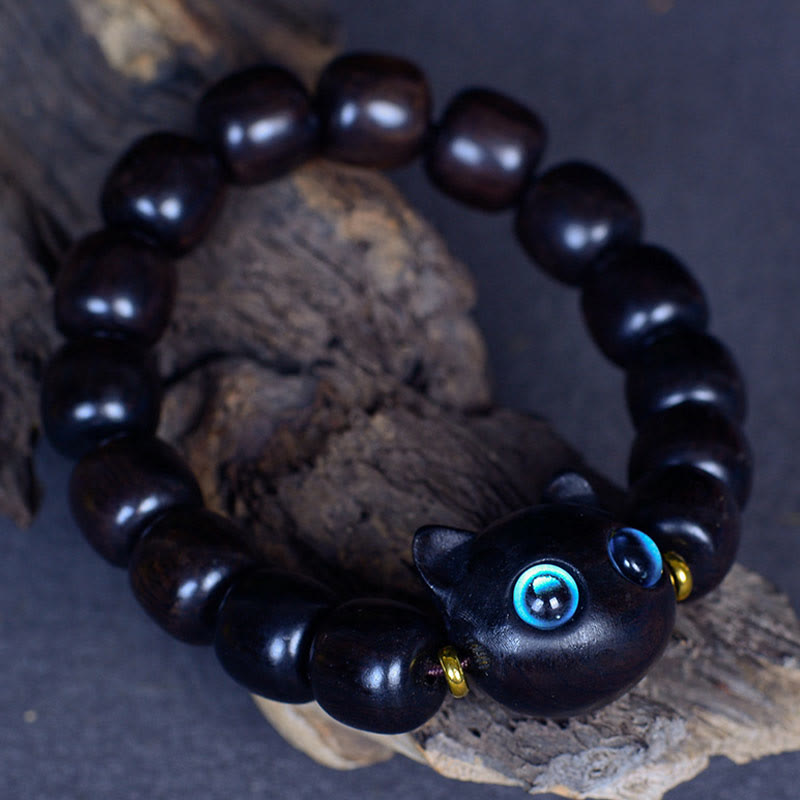 KarmaRipple's Ebony Wood Liuli Glass Lovely Cat Peace Balance Bracelet p17