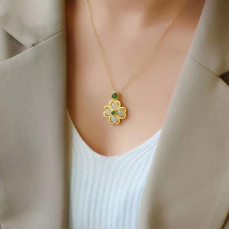 KarmaRipple's 925 Sterling Silver Fortunate Four Leaf Clover Jade Prosperity Pendant Chain Necklace p6
