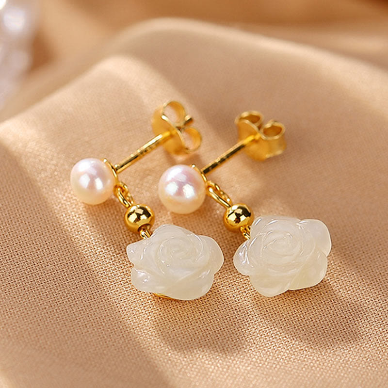 KarmaRipple's 925 Sterling Silver Plated Gold Jade Rose Flower Cyan Jade Pearl Fortune Earrings p5