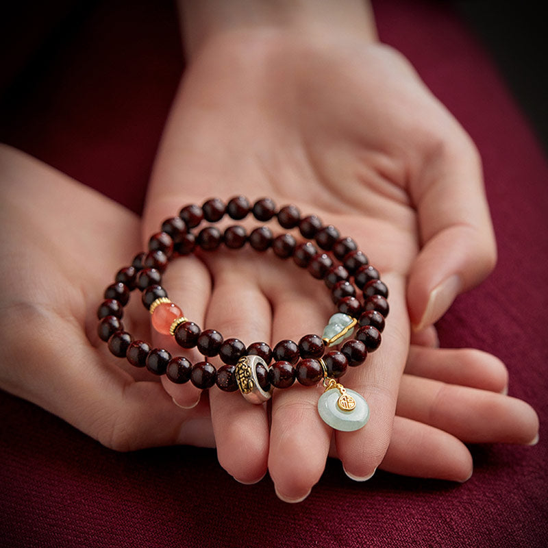 KarmaRipple's Chinese Zodiac Natal Buddha Small Leaf Red Sandalwood Jade Red Agate PiXiu Sooth Bracelet p19