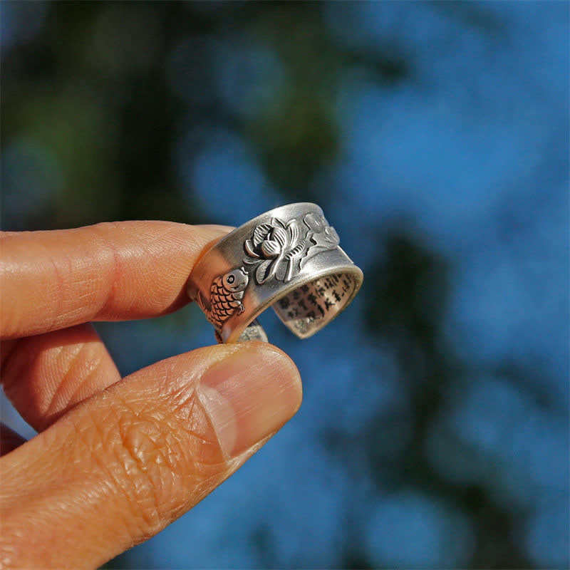 KarmaRipple's 999 Sterling Silver Fortune Koi Fish Lotus Heart Sutra Wealth Ring p4