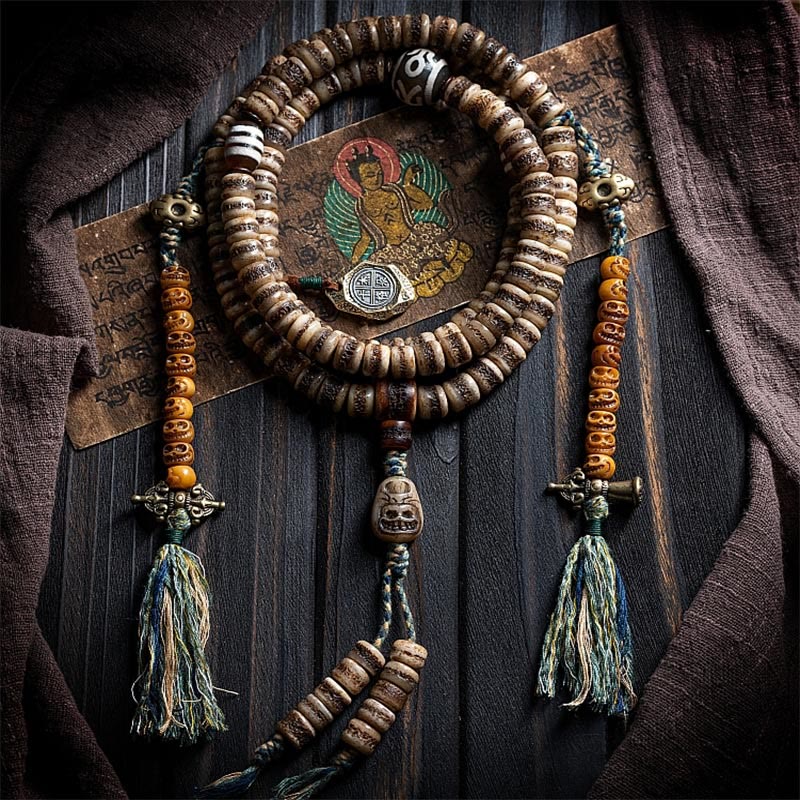 KarmaRipple's Tibetan 108 Mala Beadwork Yak Bone Dzi Bead The Lord of the Corpse Forest Strength Bracelet p4
