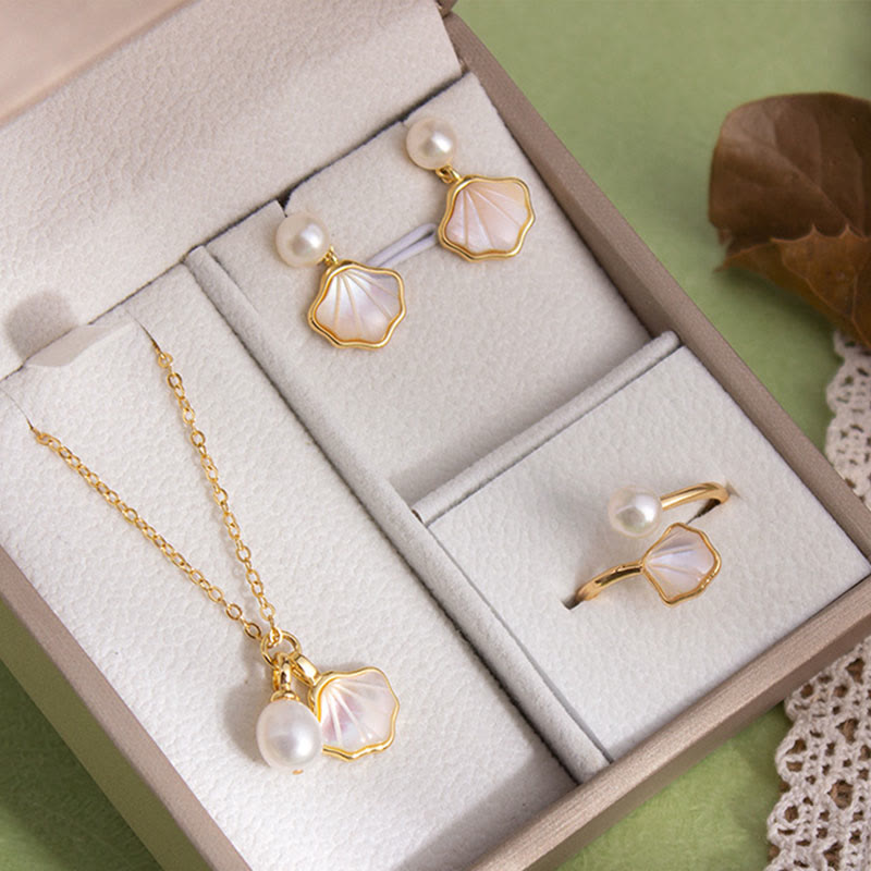 KarmaRipple's Ginkgo Tridacna Stone Pearl Bead Bronze Blessing Pendant Necklace Ring Earrings Set p6