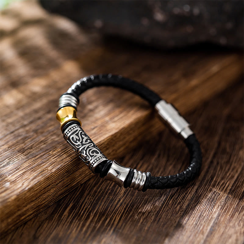 KarmaRipple's Tang Dynasty Flower Design Fortune Stainless Steel Buckle Leather Bracelet p1
