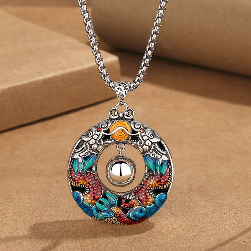 KarmaRipple's Year of the Dragon Colorful Double Dragons Playing Bead Bronze Protection Pendant Necklace p2