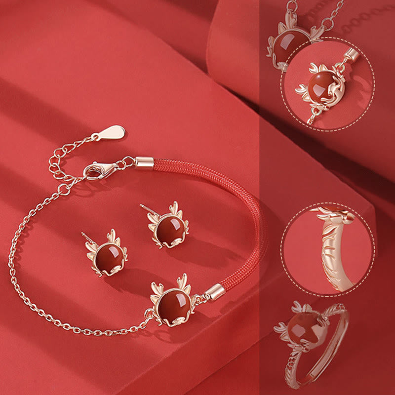 KarmaRipple's ???A Flash Sale- 925 Sterling Silver Year of the Dragon Cinnabar Red Agate Dragon Protection Bracelet Pendant Necklace Earrings Ring p27