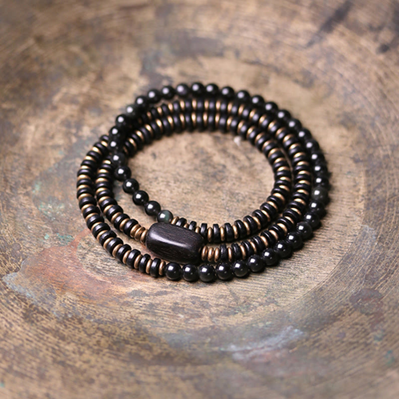 KarmaRipple's Rainbow Obsidian Ebony Wood Bronze Balancing Triple Wrap Bracelet p12