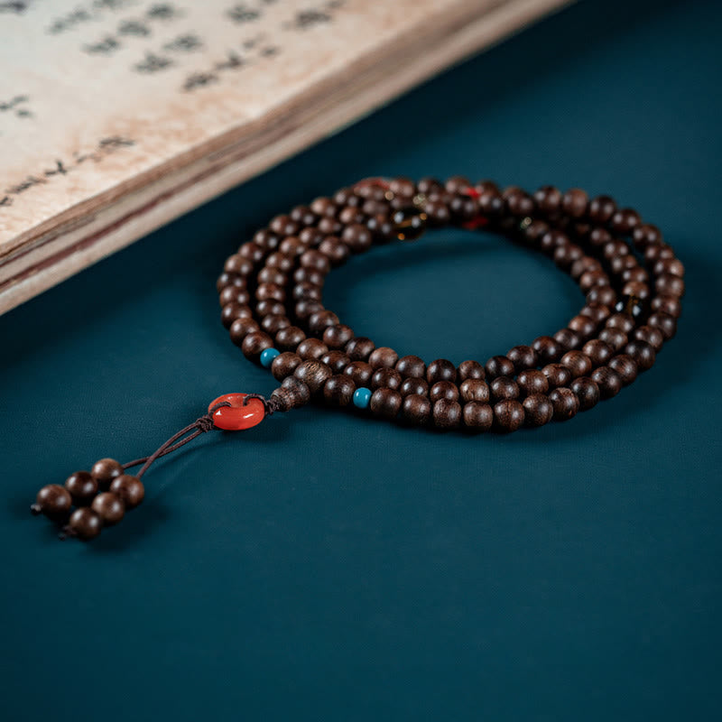 KarmaRipple's 108 Mala Beadwork Kalimantan Agarwood Laughing Buddha Peace Buckle Red Agate Jade Strength Bracelet p4