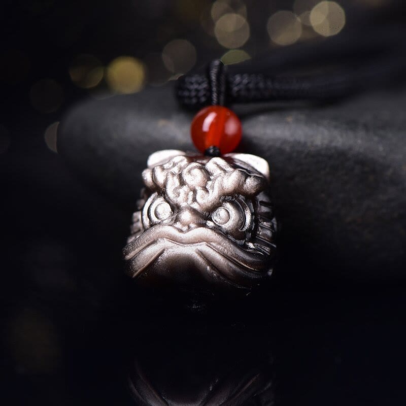 KarmaRipple's Authentic Silver Sheen Obsidian Dancing Lion Protection Pendant Necklace p2