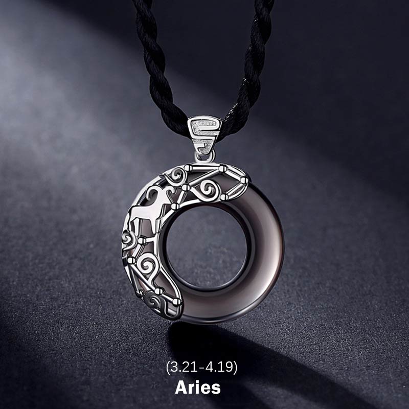 KarmaRipple's 12 Constellations of the Zodiac Ice Obsidian Blessing Round Necklace Pendant p1