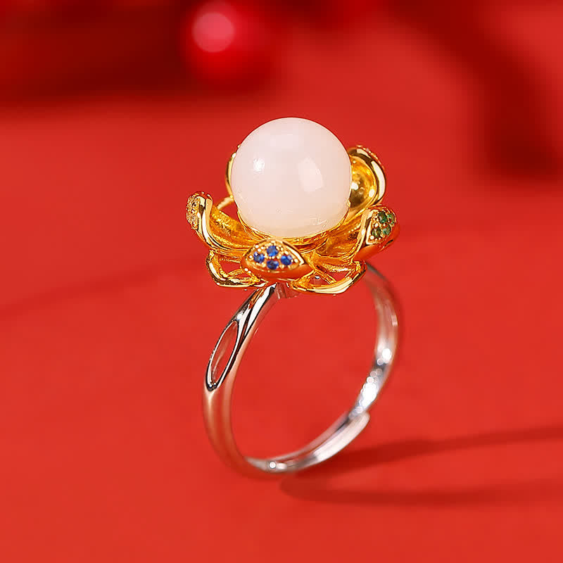 KarmaRipple's 925 Sterling Silver Ivory Jade Cyan Jade Lotus Flower Success Ring p1